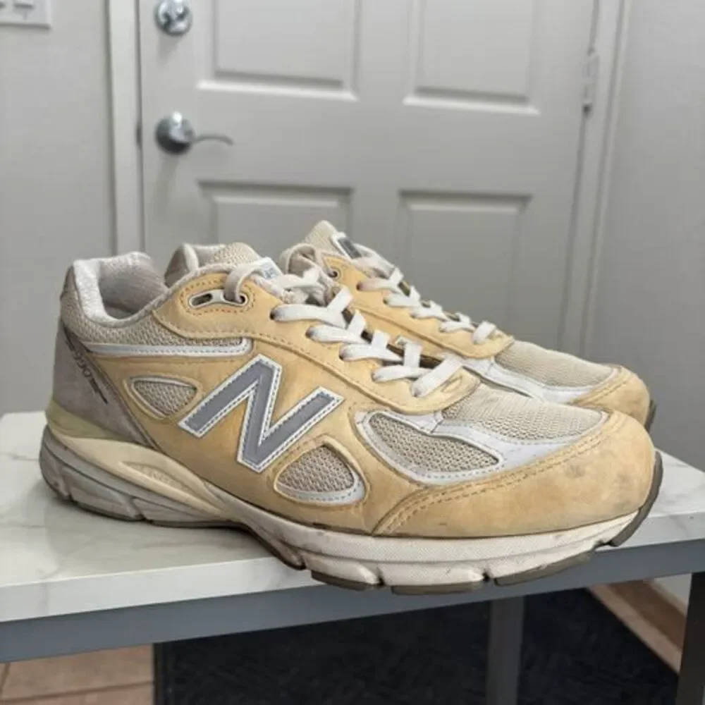 New Balance 990v4 Running Shoes Tan Suede Mesh Sneakers